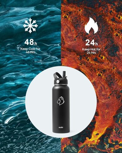 BUZIO 1180ml Insulated Water Bottle with Straw Lid and Flex Cap, 40oz Stainless Steel Drinking Bottle (Keep Cold 48 Hrs/Hot 24 Hrs) Metal Flask Leakproof Wide Mouth Thermo Canteen for Sports, Black