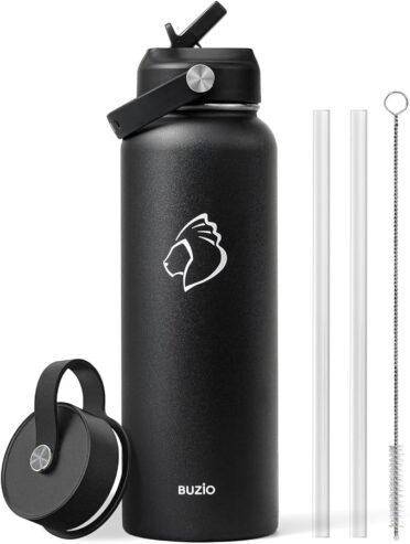 BUZIO 1180ml Insulated Water Bottle with Straw Lid and Flex Cap, 40oz Stainless Steel Drinking Bottle (Keep Cold 48 Hrs/Hot 24 Hrs) Metal Flask Leakproof Wide Mouth Thermo Canteen for Sports, Black