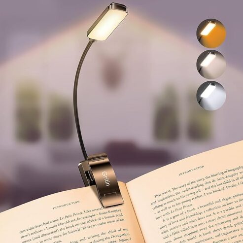 Gritin 9 LED Clip on Book Light, 3 Eye-Protecting Modes Flexible Reading Light Book Lamp