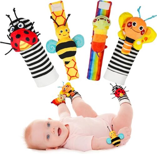 Infinno Baby Toys Wrist Rattle Socks 4 Set, Infant Soft Sensory Toys, Early Development Baby Socks for 3 6 9 Months Newborn Boys and Girls As Baby Shower Gifts