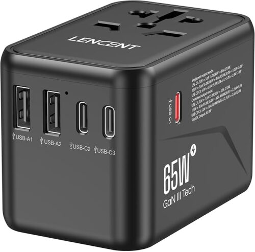 LENCENT Universal Travel Adapter, GaN III 65W International Charger with 2 USB Ports & 3 USB-C PD Fast Charging Adaptor, Worldwide Wall Charger for iPhone, Laptop, USA/UK/EU/AUS