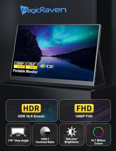 MagicRaven Portable Monitor, 15.6″ 1080P Laptop Monitor, Lightweight Dual USB C HDMI Second Computer Screen, Gaming Display with Speakers, Travel Monitor for PS4/5 Xbox Switch MAC PC Phone