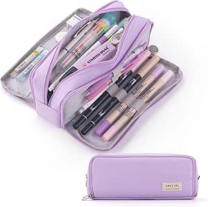 CICIMELON Pencil Case Large Capacity Pencil Pouch 3 Compartments Pencil Bag Gift for Students Girls Adults Women, Purple, pencil case