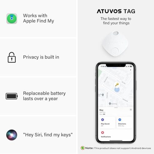 ATUVOS Bluetooth Item Finder Air Tag 2 Pack, Compatible with Apple Find My (iOS Only), 60m Finding Range, Replaceable Battery, Waterproof, Tracker for Keys, Luggages, Suitcases, Wallets, Bags