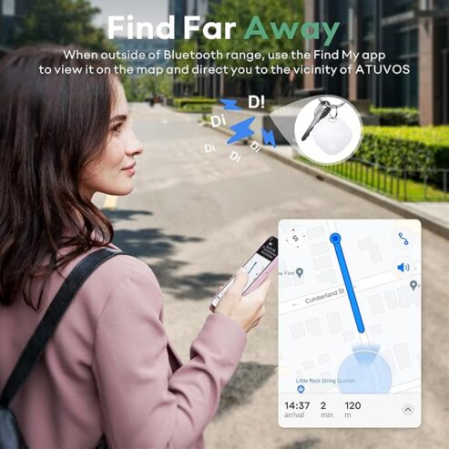 ATUVOS Bluetooth Item Finder Air Tag 2 Pack, Compatible with Apple Find My (iOS Only), 60m Finding Range, Replaceable Battery, Waterproof, Tracker for Keys, Luggages, Suitcases, Wallets, Bags