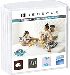 Bedecor Mattress Protector – 100% Waterproof, Hypoallergenic – Premium Fitted Cotton Terry Cover – Queen (60 in x 80 in)